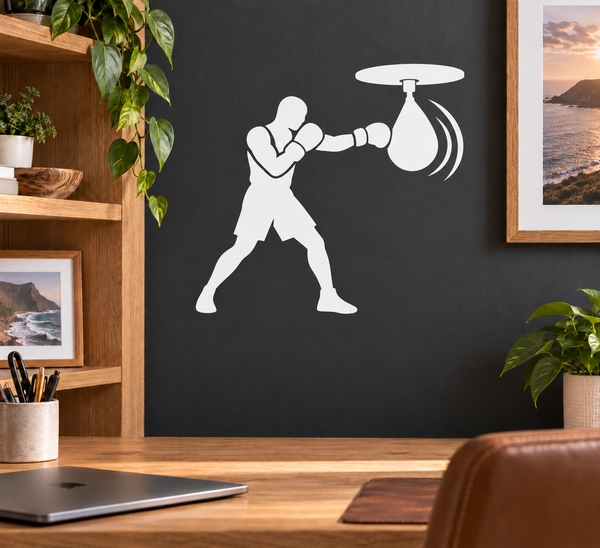 Boxing speed bag arc vinyl decal, white boxer silhouette with speed bag and motion arcs