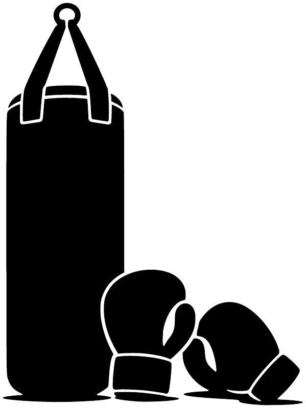 Boxing bag and gloves vinyl decal, black design with white outline and kneeling gloves