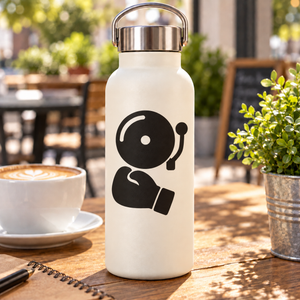 White bottle with black boxing bell and boxer vinyl decal