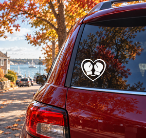 Heart-shaped boxing emblem vinyl decal with white outline and two black boxing gloves