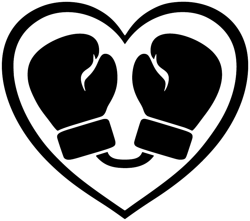 Heart-shaped boxing emblem decal with thick white outline and two black boxing gloves