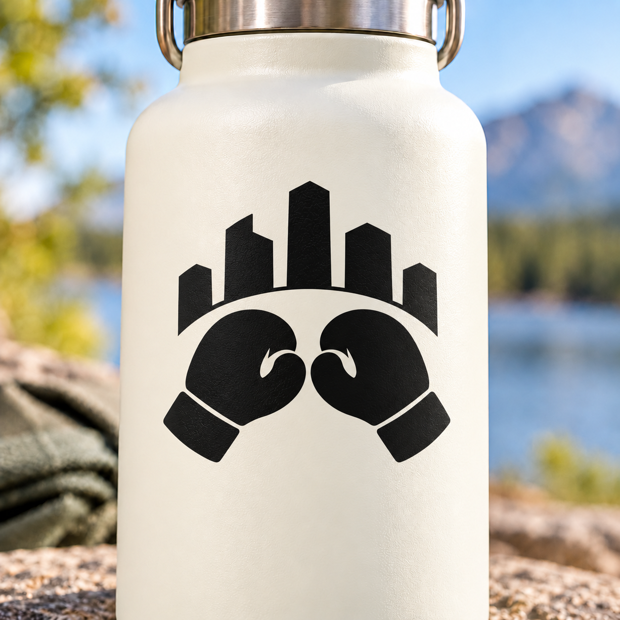 Boxing city training vinyl decal with black glove icon and city skyline
