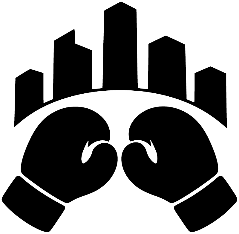 Boxing city training vinyl decal close-up: black boxing gloves and skyline arch