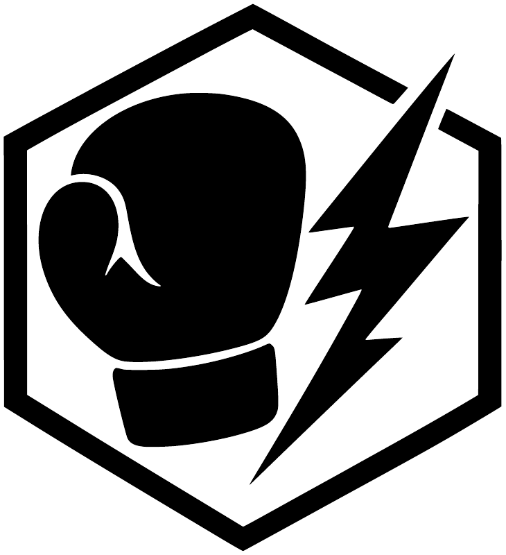 Black and white boxing emblem vinyl decal: boxing glove with lightning bolt in shield