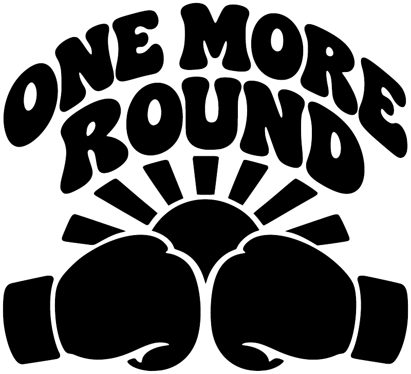 Round boxing vinyl decal with bold 'ONE MORE ROUND' lettering, gloves and rays