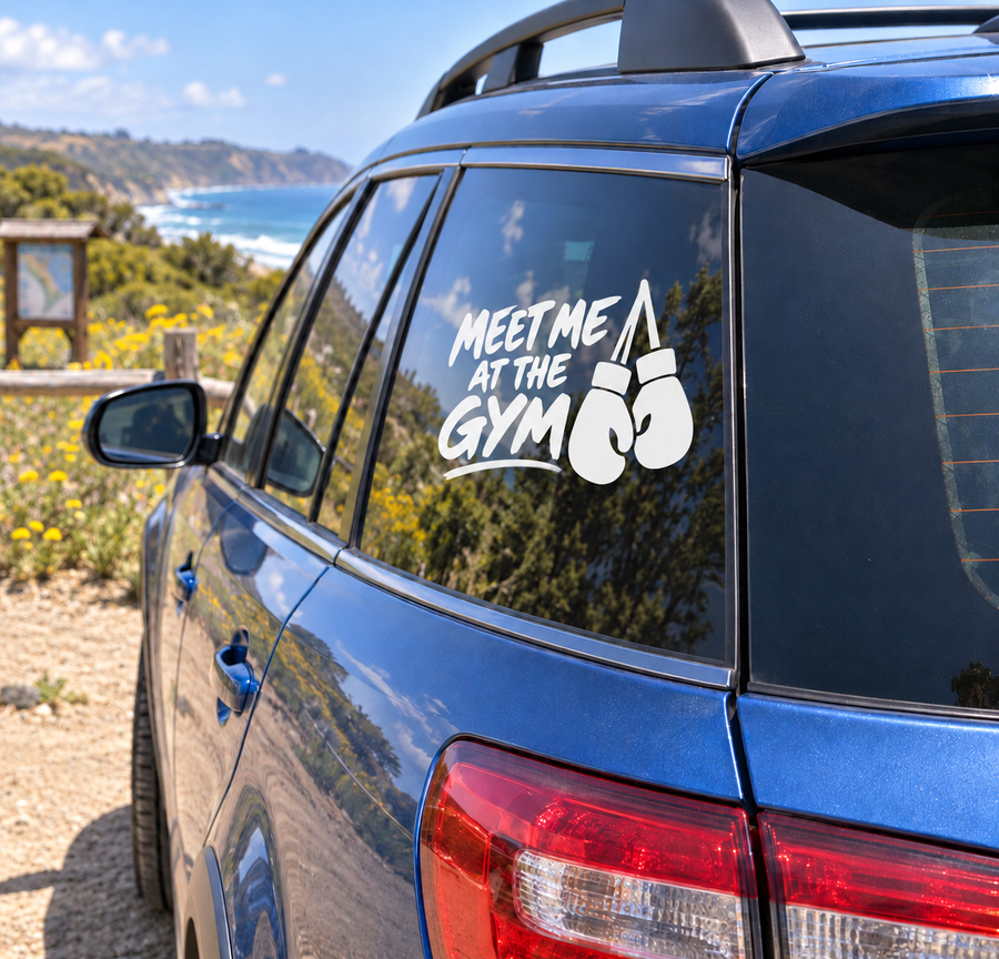 Boxing vinyl decal for car window with “Meet Me At the Gym” text and boxing glove icons