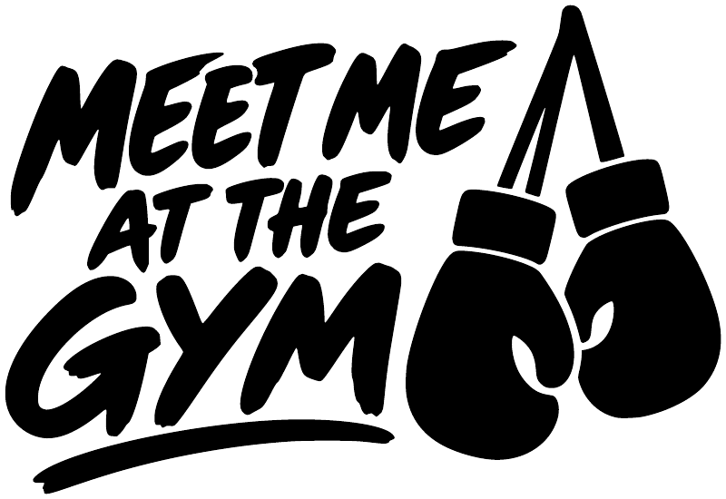 Black vinyl decal reading “MEET ME AT THE GYM” with boxing glove graphic