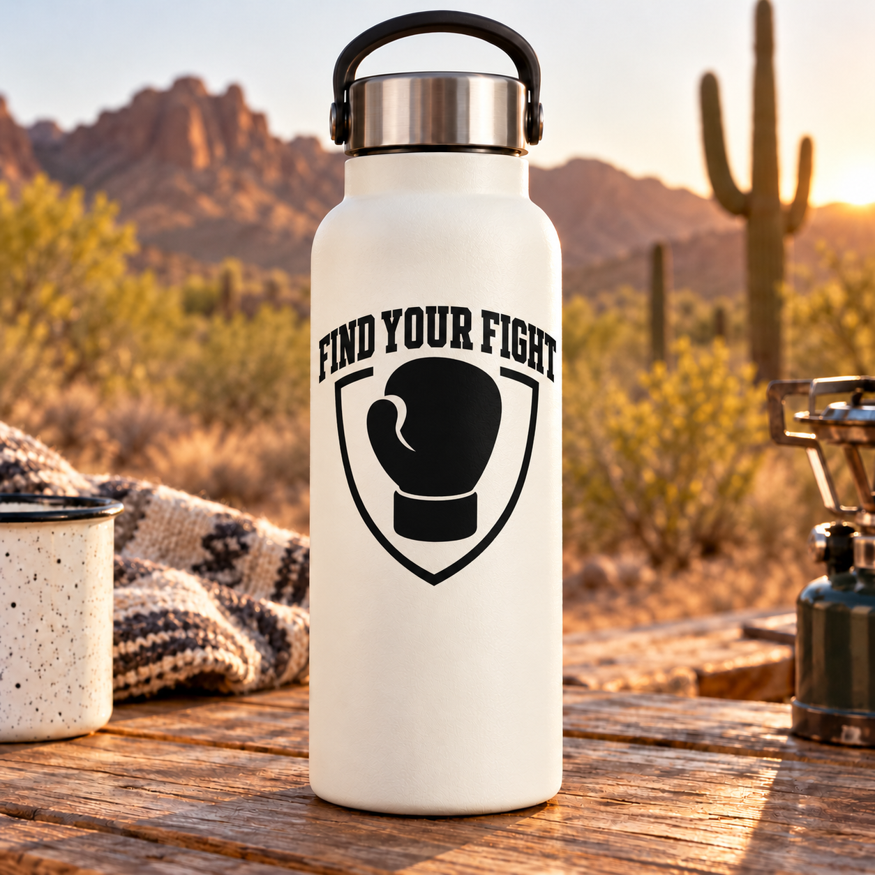 Boxing-themed vinyl decal with 'FIND YOUR FIGHT' text and trophy shield logo