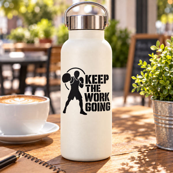 Boxing vinyl decal on white bottle: boxer silhouette with “Keep the Work Going” text