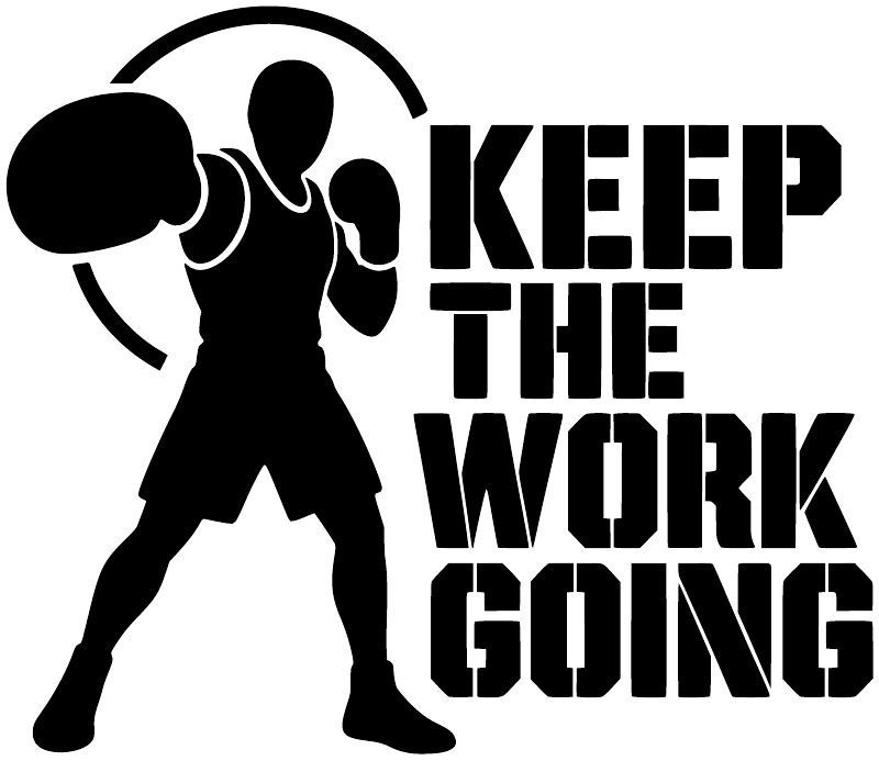 Boxing vinyl decal: black boxer silhouette with gloves and bold “Keep the Work Going”