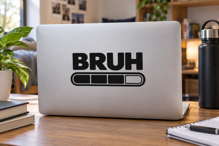 BRUH vinyl laptop decal with bold text and loading bar icon