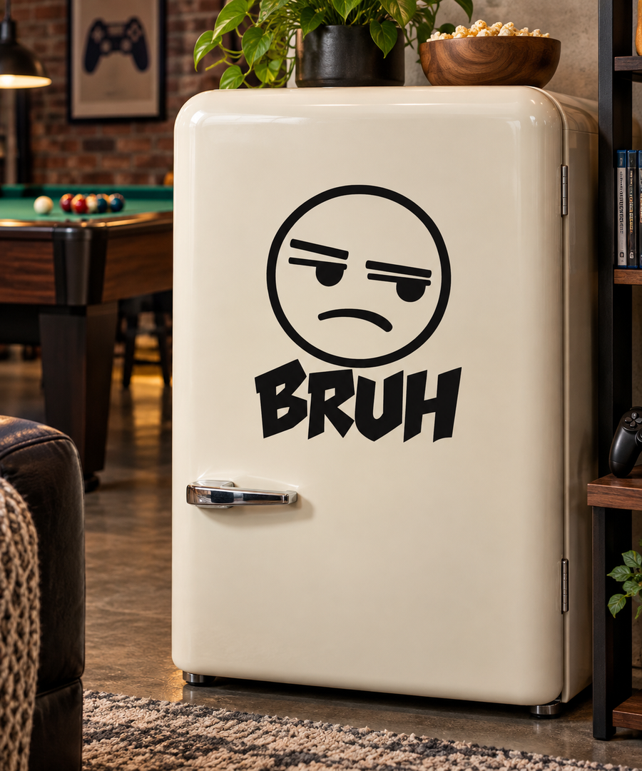Vinyl decal with angry face in a black circle and bold "BRUH" text beneath