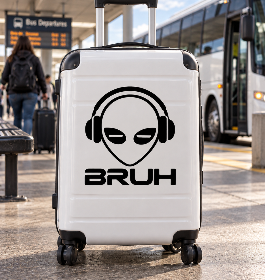 Cosmic vinyl decal sticker with alien headphones face and BRUH text on white surface
