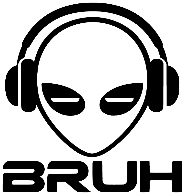 Cosmic vinyl decal close-up: alien with headphones face and BRUH lettering