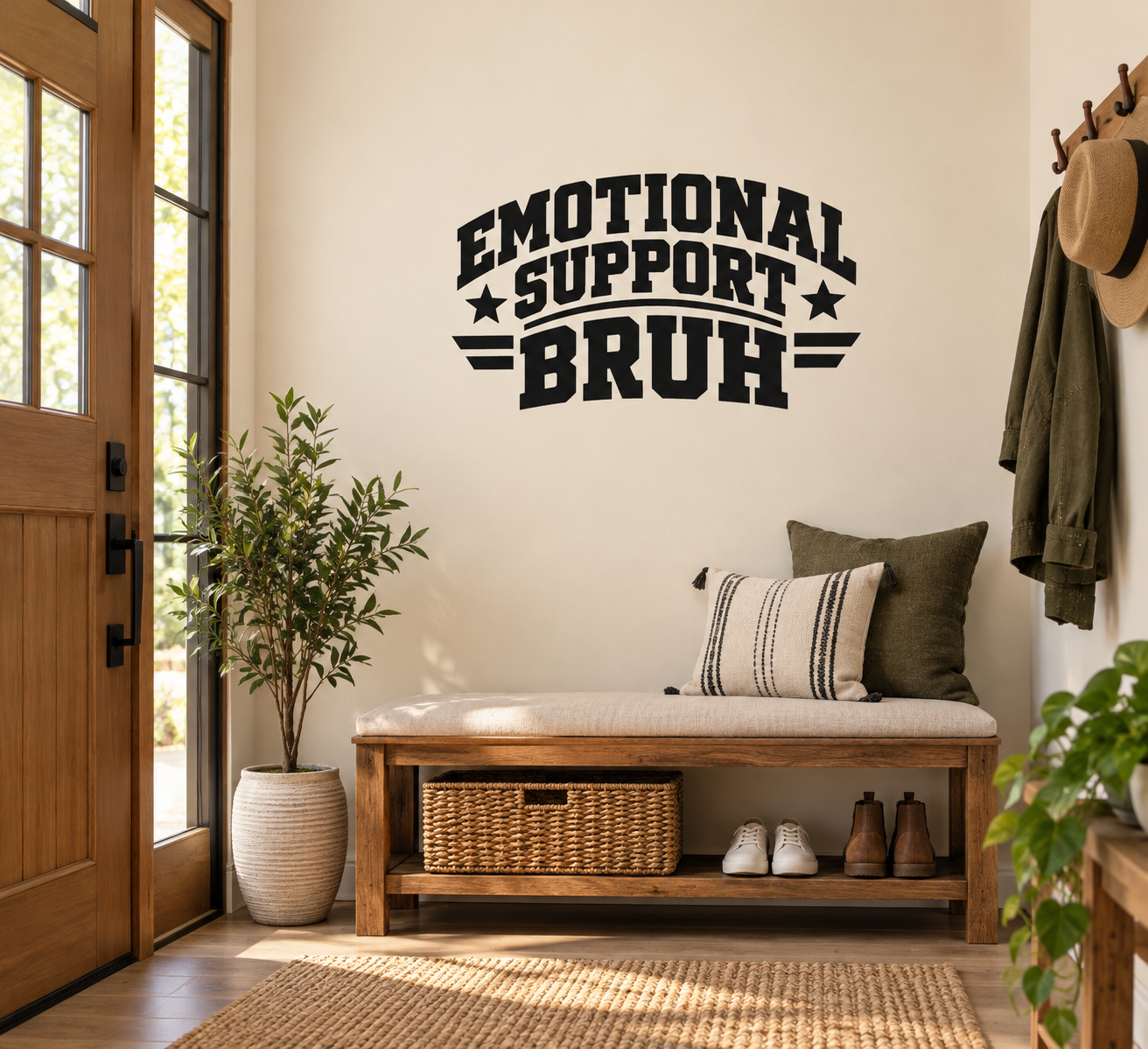 Emotional support bruh vinyl decal with black bold text on wall