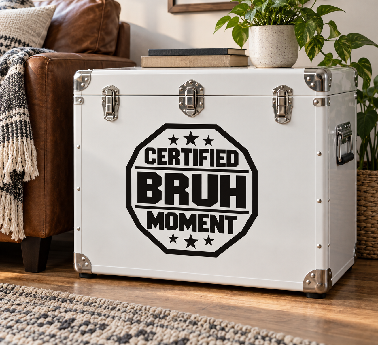Octagon vinyl decal reading Certified Bruh Moment with star accents