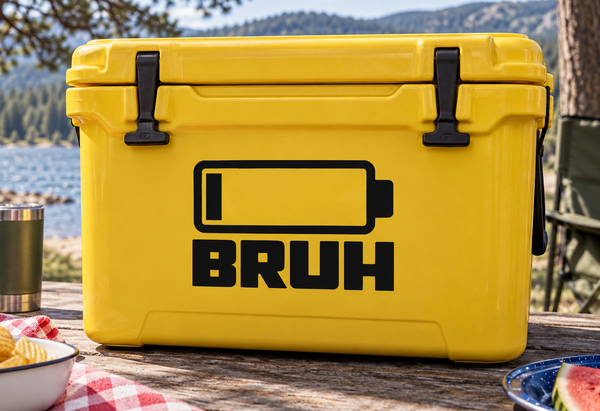 Yellow cooler battery graphic vinyl decal with BRUH text and black battery icon