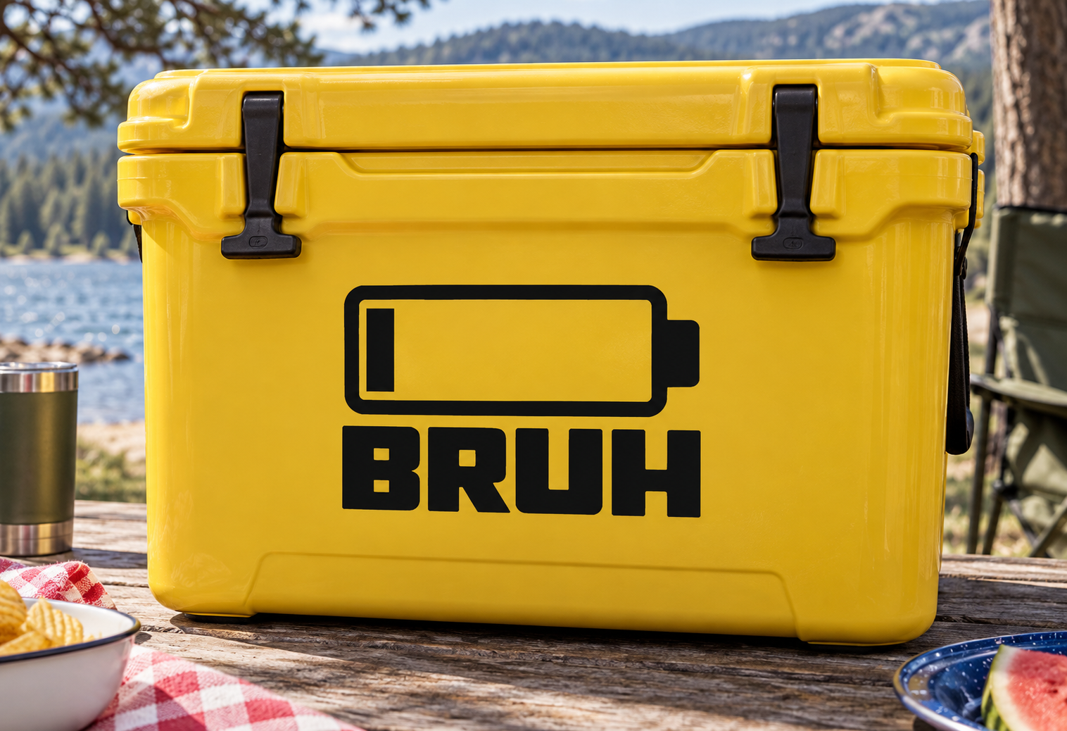 Yellow cooler battery graphic vinyl decal with BRUH text and black battery icon
