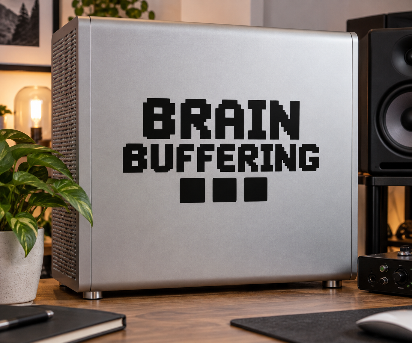 Brain Buffering vinyl decal with pixel-style text on a computer front