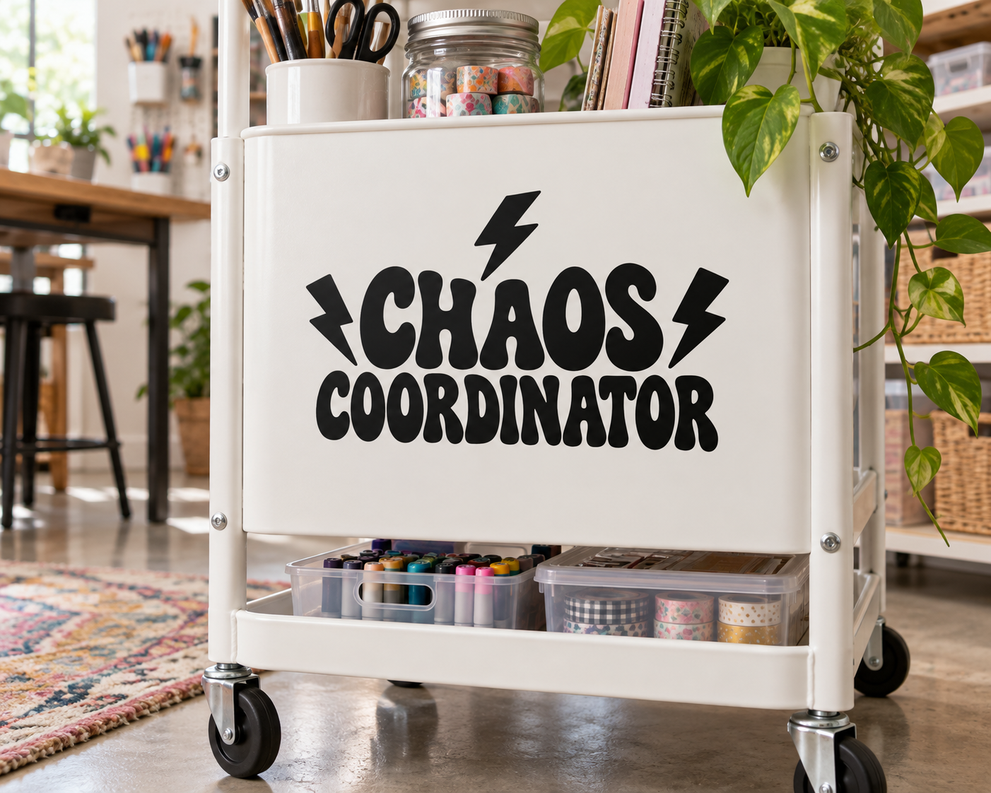 Chaos Coordinator vinyl decal with lightning bolt and bold black lettering