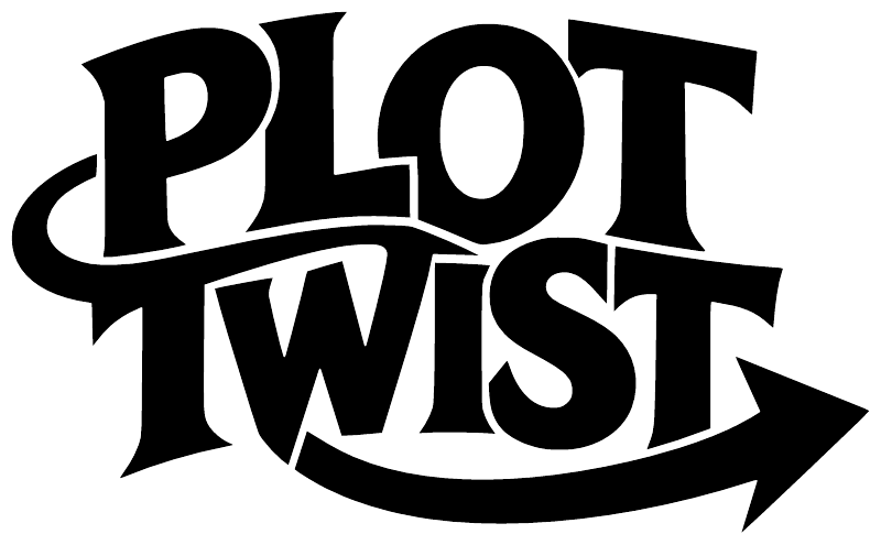 Vinyl decal close-up with bold black 'PLOT TWIST' lettering and right arrow