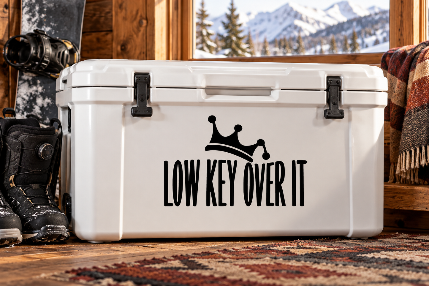 Vinyl decal: black crown icon over "LOW KEY OVER IT" lettering