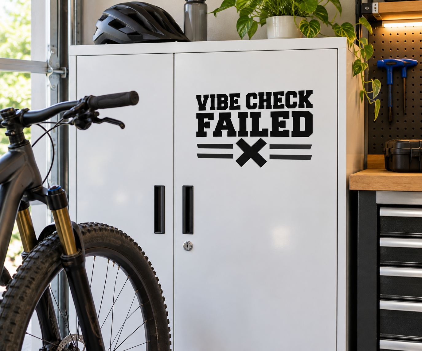 Black vinyl decal reading 'VIBE CHECK FAILED' with bold 'X' and lines