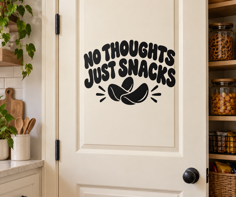 Vinyl wall decal with "No Thoughts Just Snacks" text and snack icon