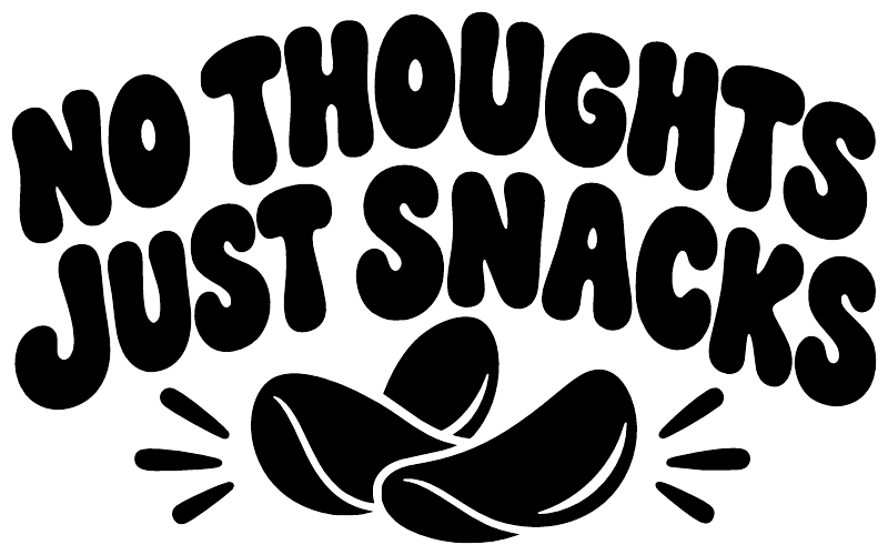 Vinyl wall decal close-up: "No Thoughts Just Snacks" text with snack icon