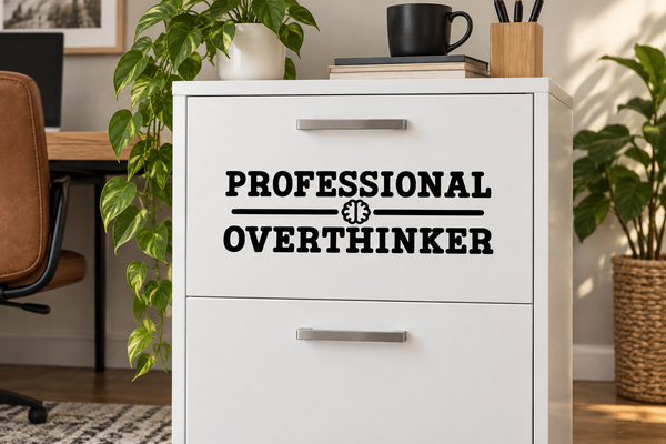 Professional Overthinker vinyl decal with thumbs-up icon in bold black lettering.