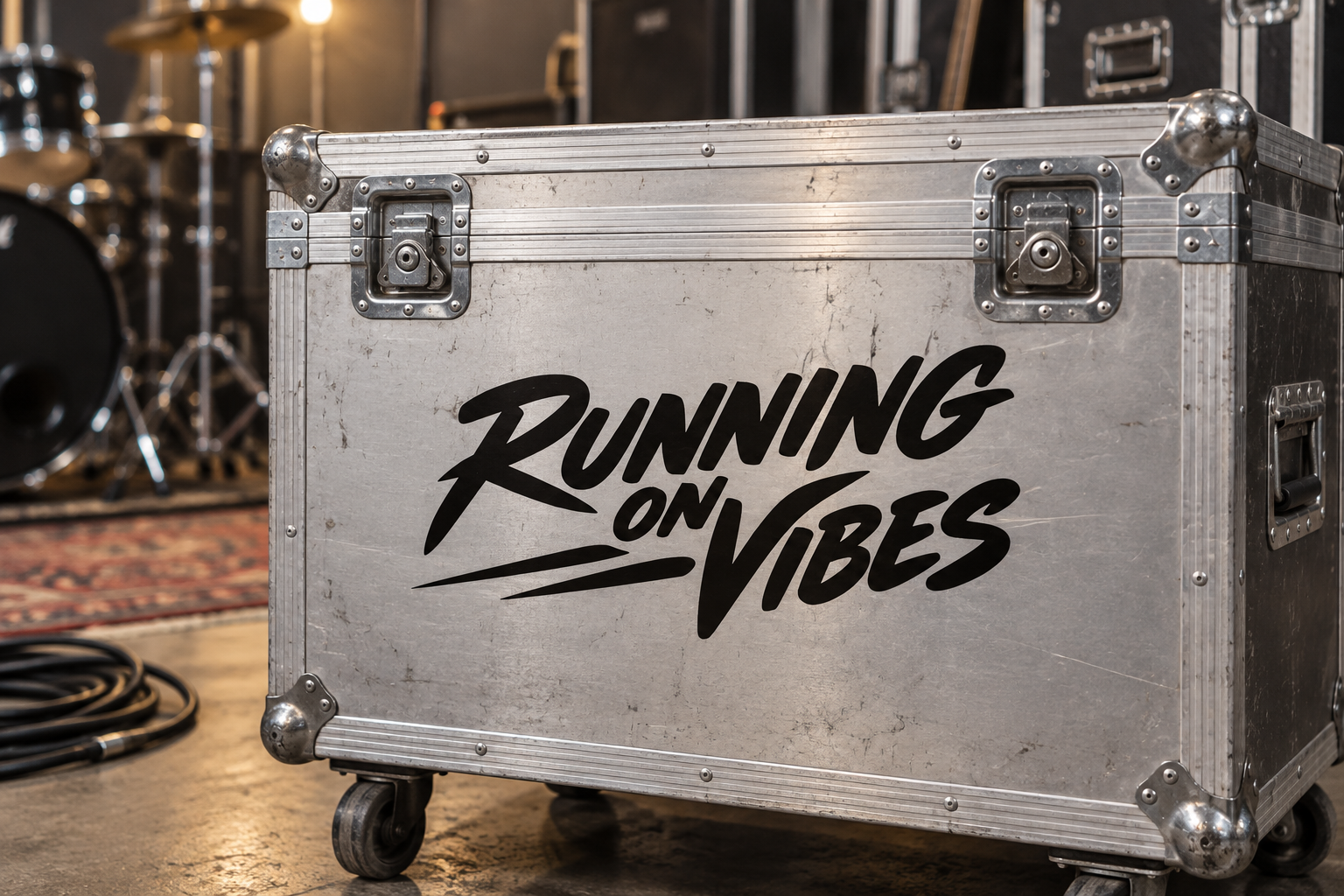 Running on Vibes vinyl decal on silver metal flight case with black lettering