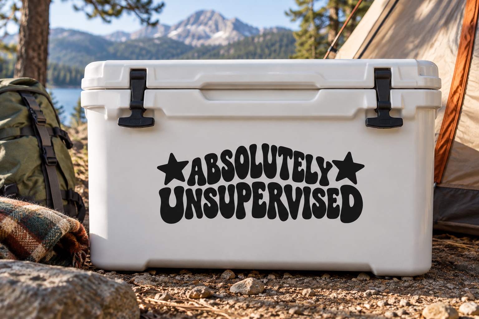 Vinyl decal with black stars and text reading 'ABSOLUTELY UNSUPERVISED'.