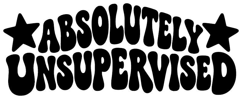 Vinyl decal close-up: black star shapes and bold 'ABSOLUTELY UNSUPERVISED' text.
