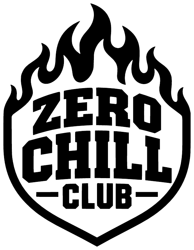 Flame shield vinyl decal with “ZERO CHILL CLUB” in bold block letters