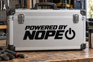 Vinyl decal with “Powered by NOPE” text and power icon, black on light background