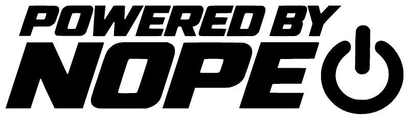 Vinyl decal close-up of “Powered by NOPE” logo with power icon, black on white