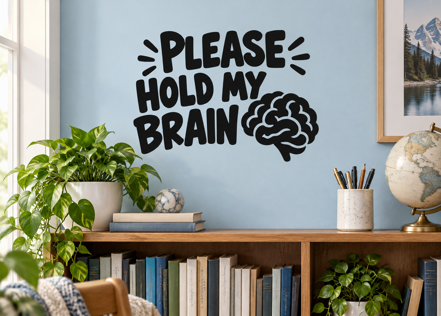 Vinyl decal with bold black 'Please hold my brain' text and white brain icon