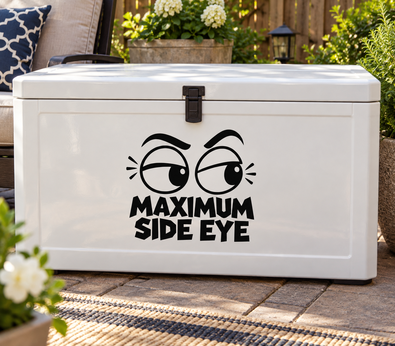 Side-eye vinyl decal with wide cartoon eyes, spark lines, and bold stacked text