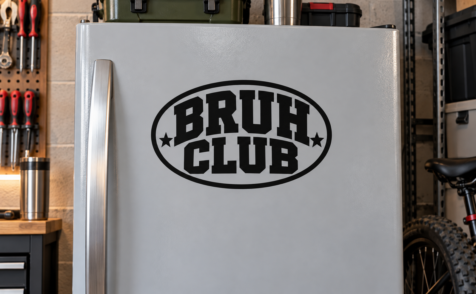 Bruh Club vinyl decal, black oval logo with star accents and BRUH CLUB text