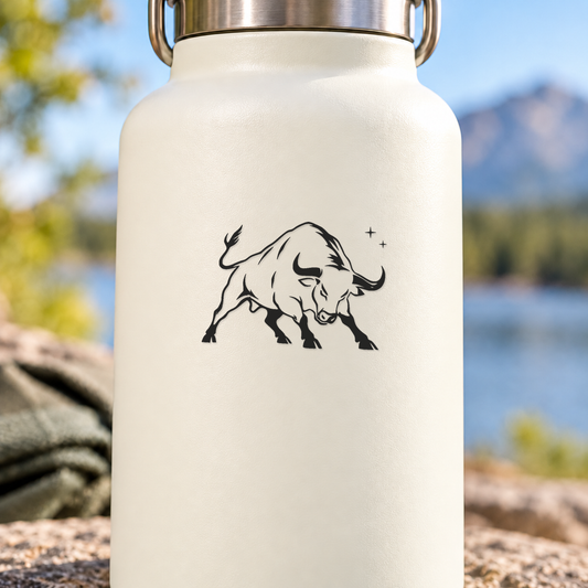 Charging bull vinyl decal with diamond-spark style accents, black on light background