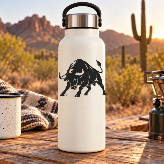 White bottle with mirrored charging bull vinyl decal and four-point star sparkles