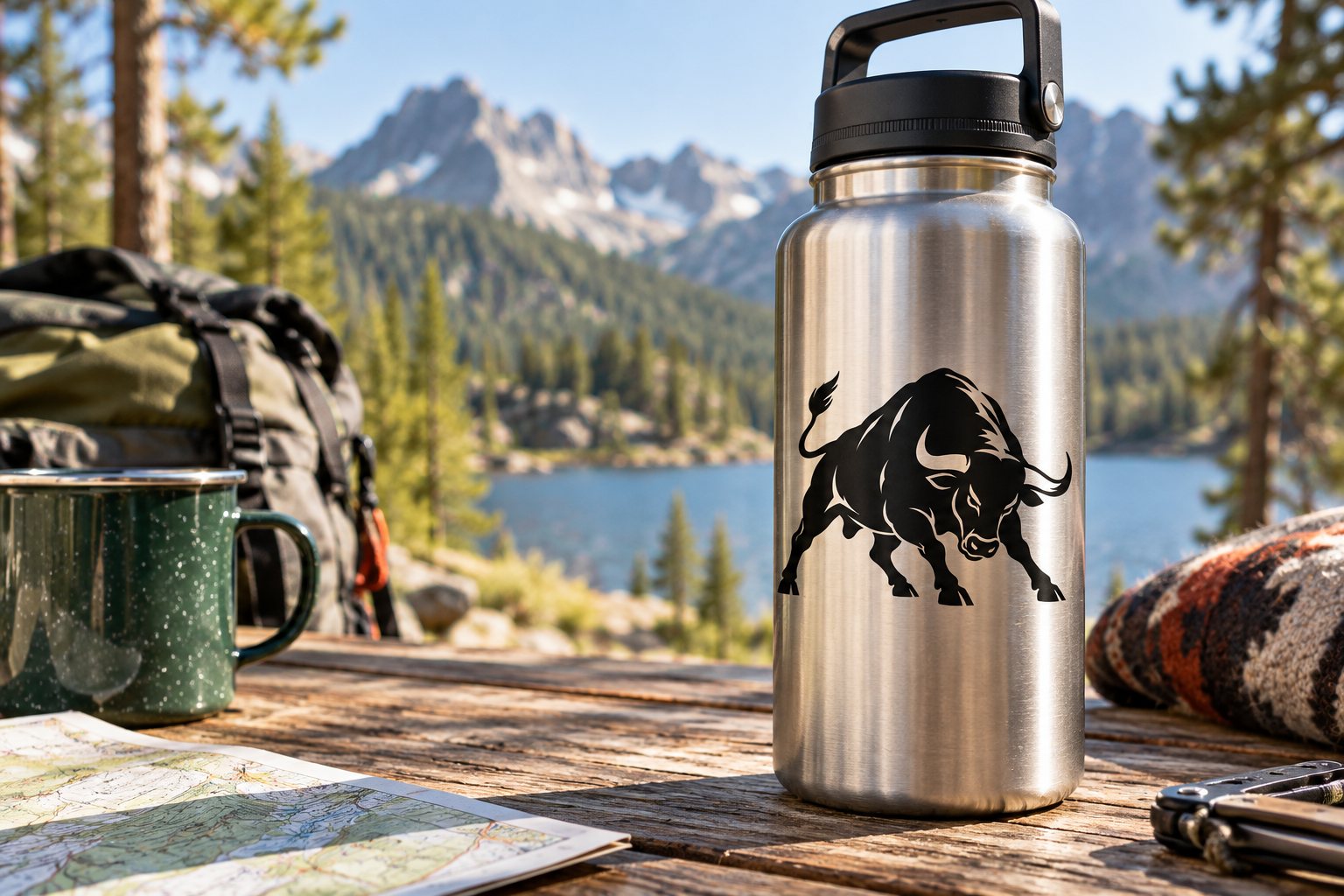 Vinyl decal of a black charging bull with raised tail on a stainless water bottle