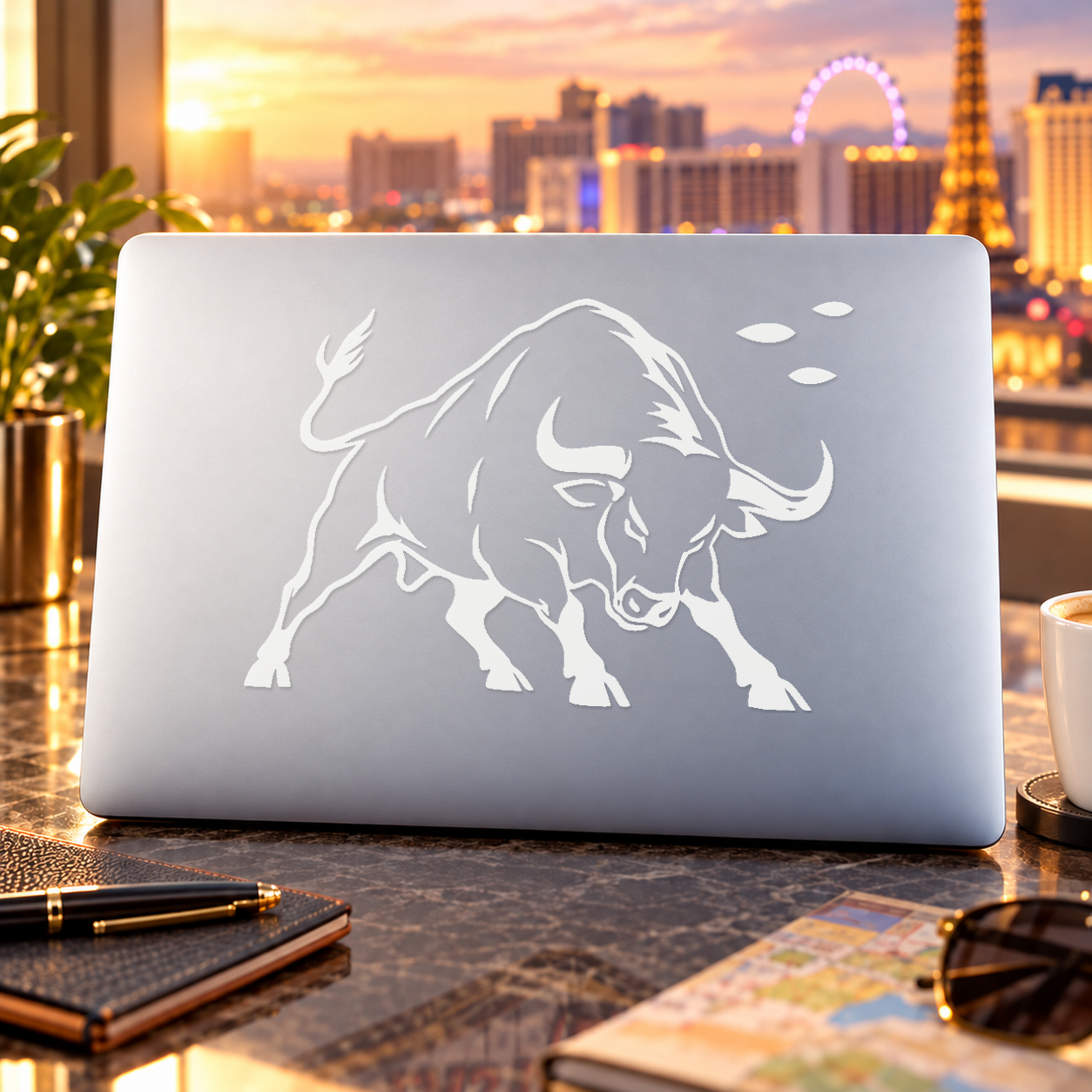 Charging bull outline graphic on silver rectangular cover