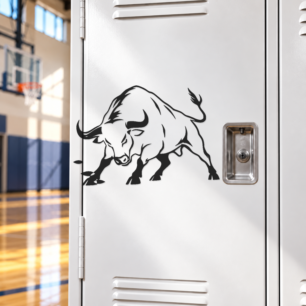 Mirrored charging bull decal outline with swept horns on white surface