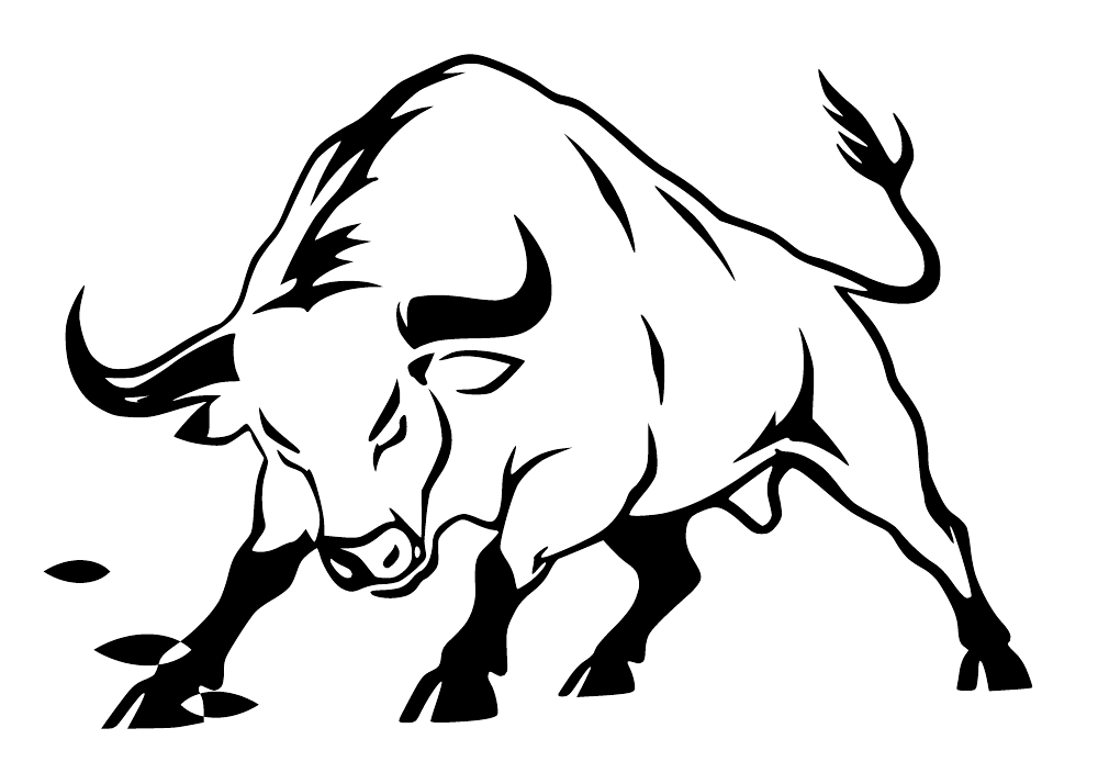Charging bull decal outline with swept horns, mirrored-style black graphic