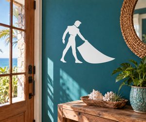 White bullfighter silhouette vinyl decal with flowing cape sweeping to the side