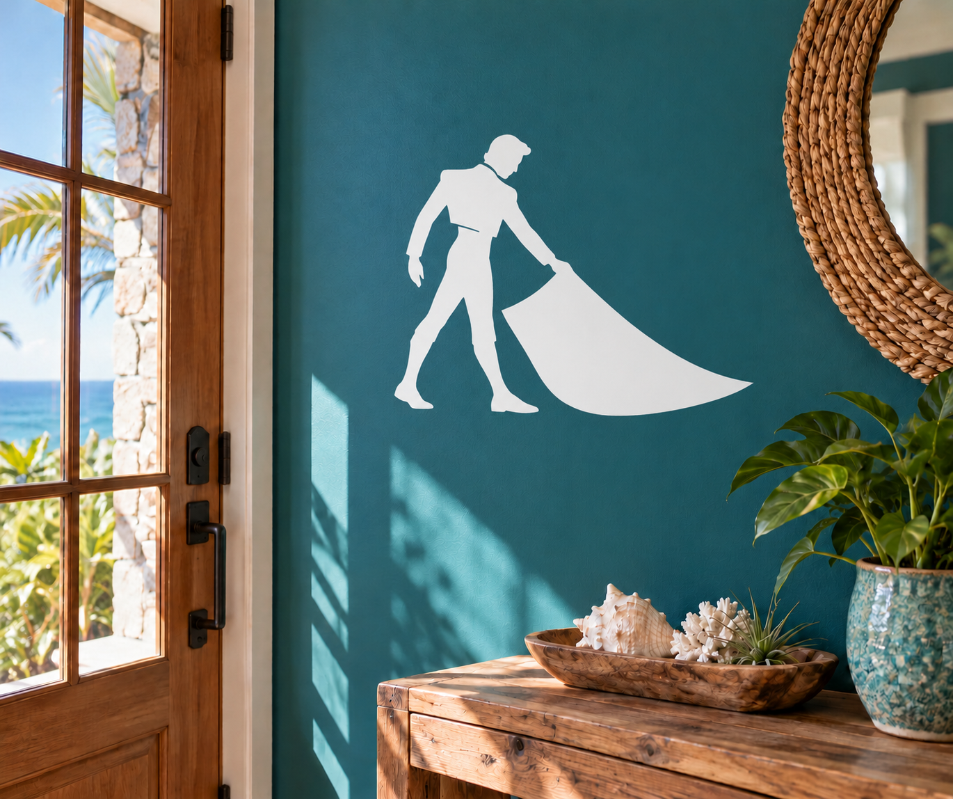 White bullfighter silhouette vinyl decal with flowing cape sweeping to the side