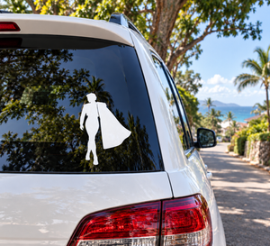 White vinyl decal of walking bullfighter on car rear window