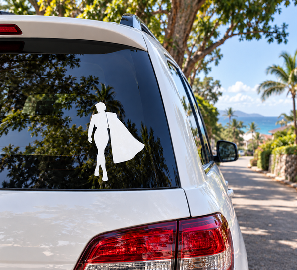 White vinyl decal of walking bullfighter on car rear window
