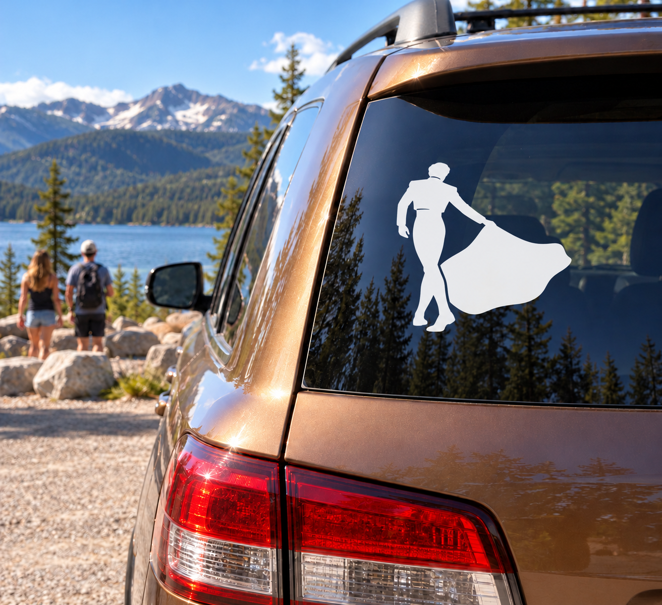 Bullfighter rear cape vinyl decal on car back window, white silhouette.
